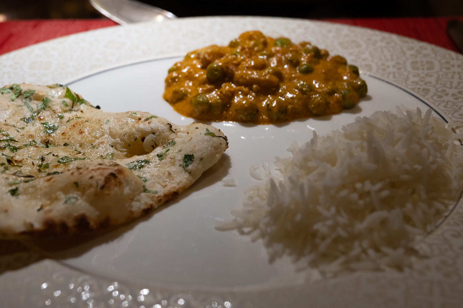 Cashew and pea curry (made for us by special request!) with rice and garlic naan.