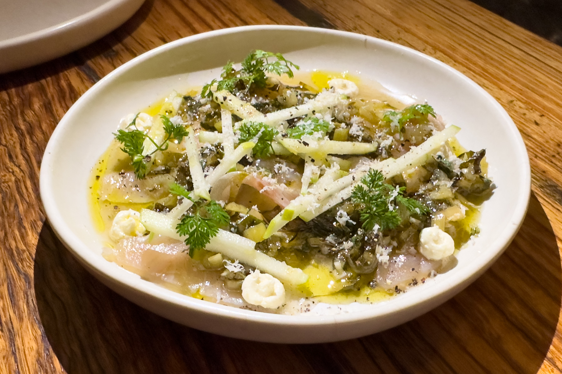 Kingfish with chicory, apple, and horseradish.