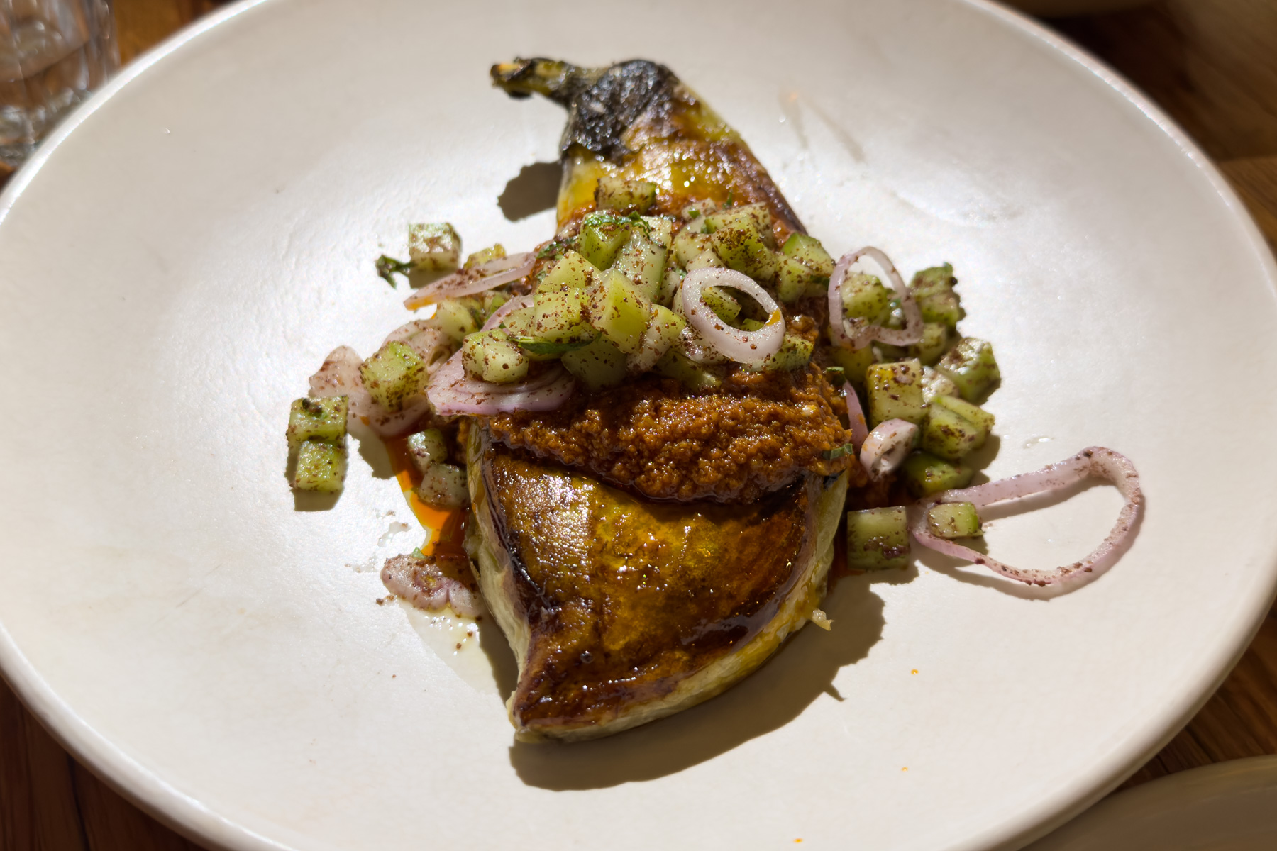 Eggplant with 'Nduja and cucumber.