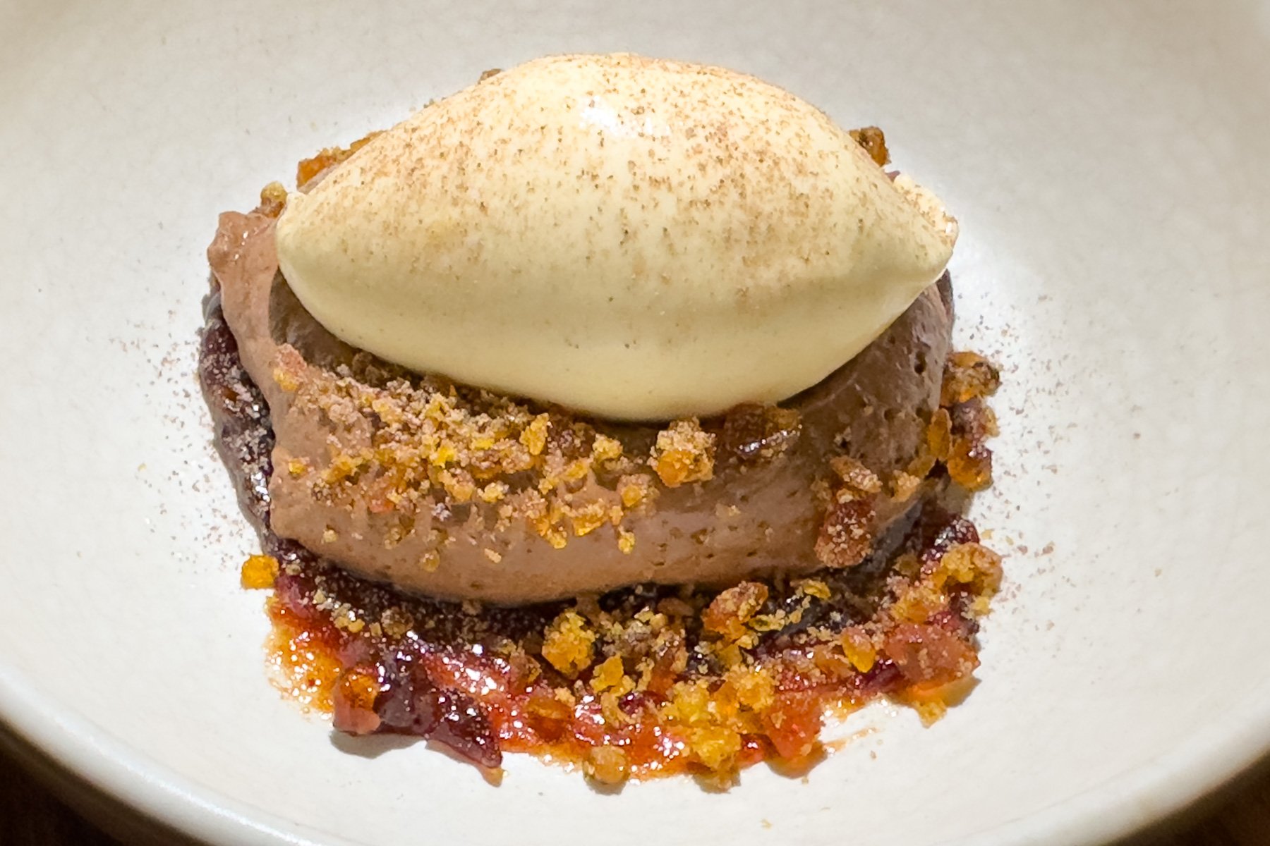 Espresso mousse with walnuts, dates, and cardamom.