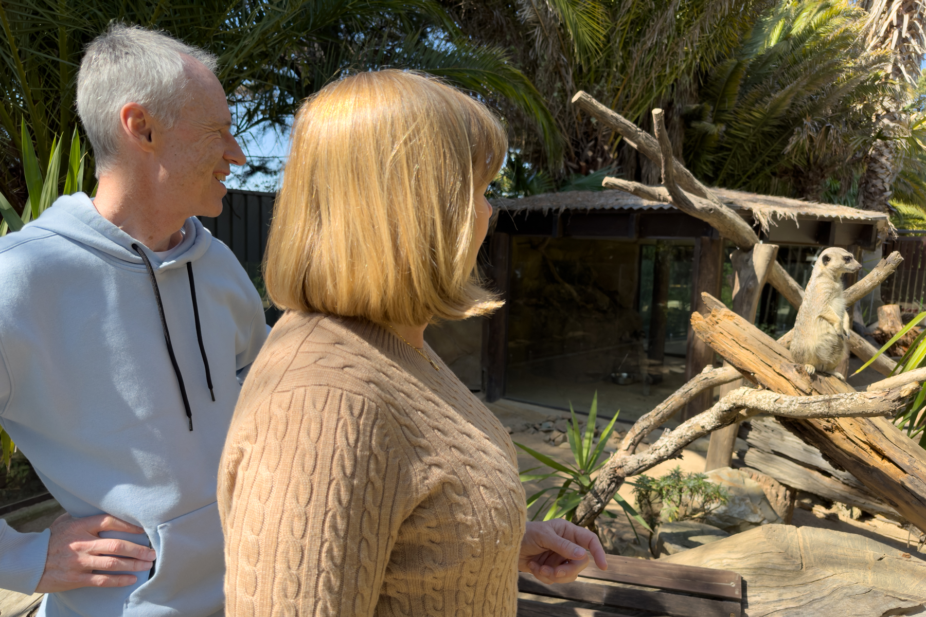 Keith and Andrea in the meerkat enclosure.