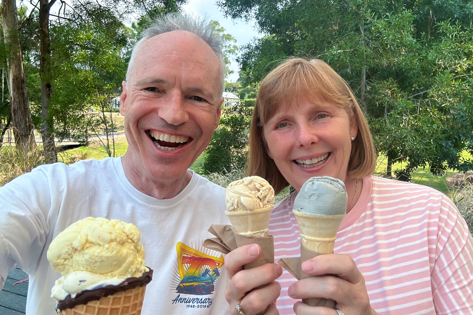 Keith and Andrea enjoying a selection of flavours at the Timboon Ice-Creamery.