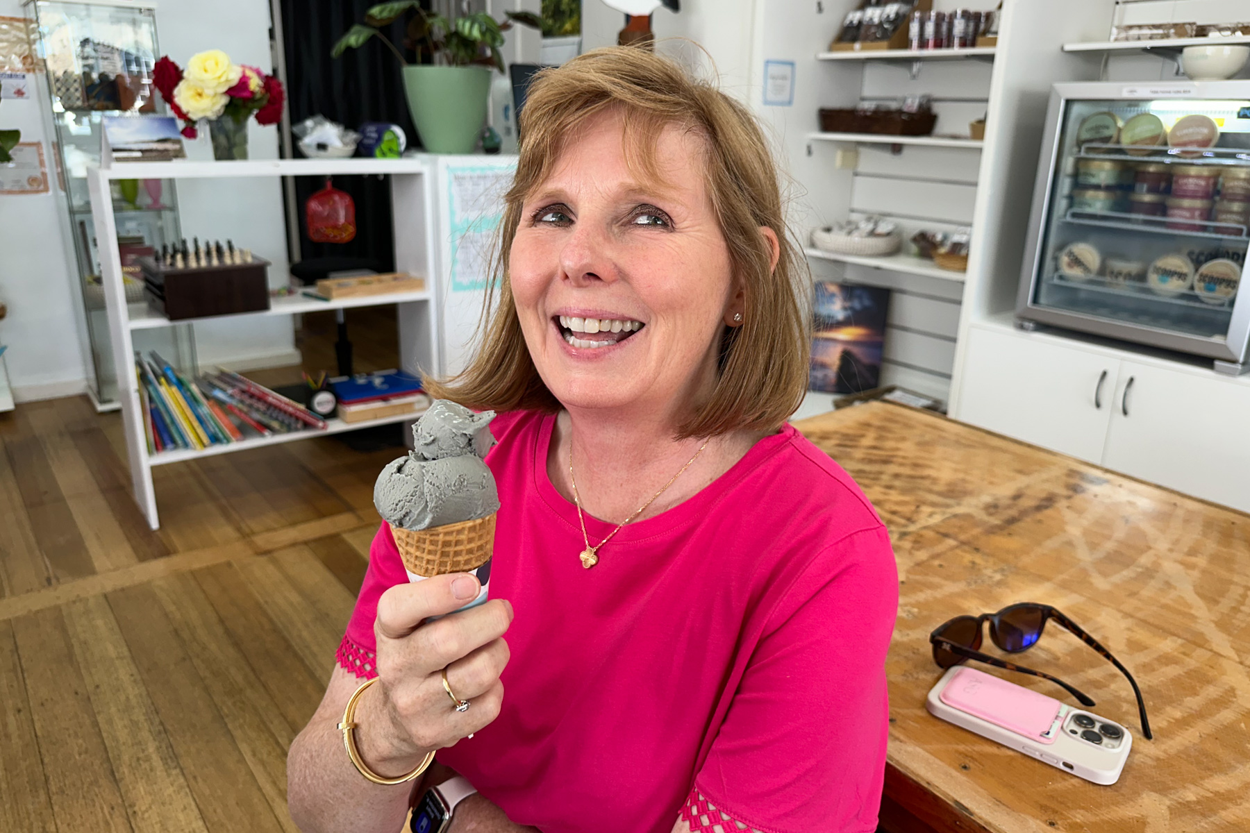 Andrea enjoying an ice-cream.