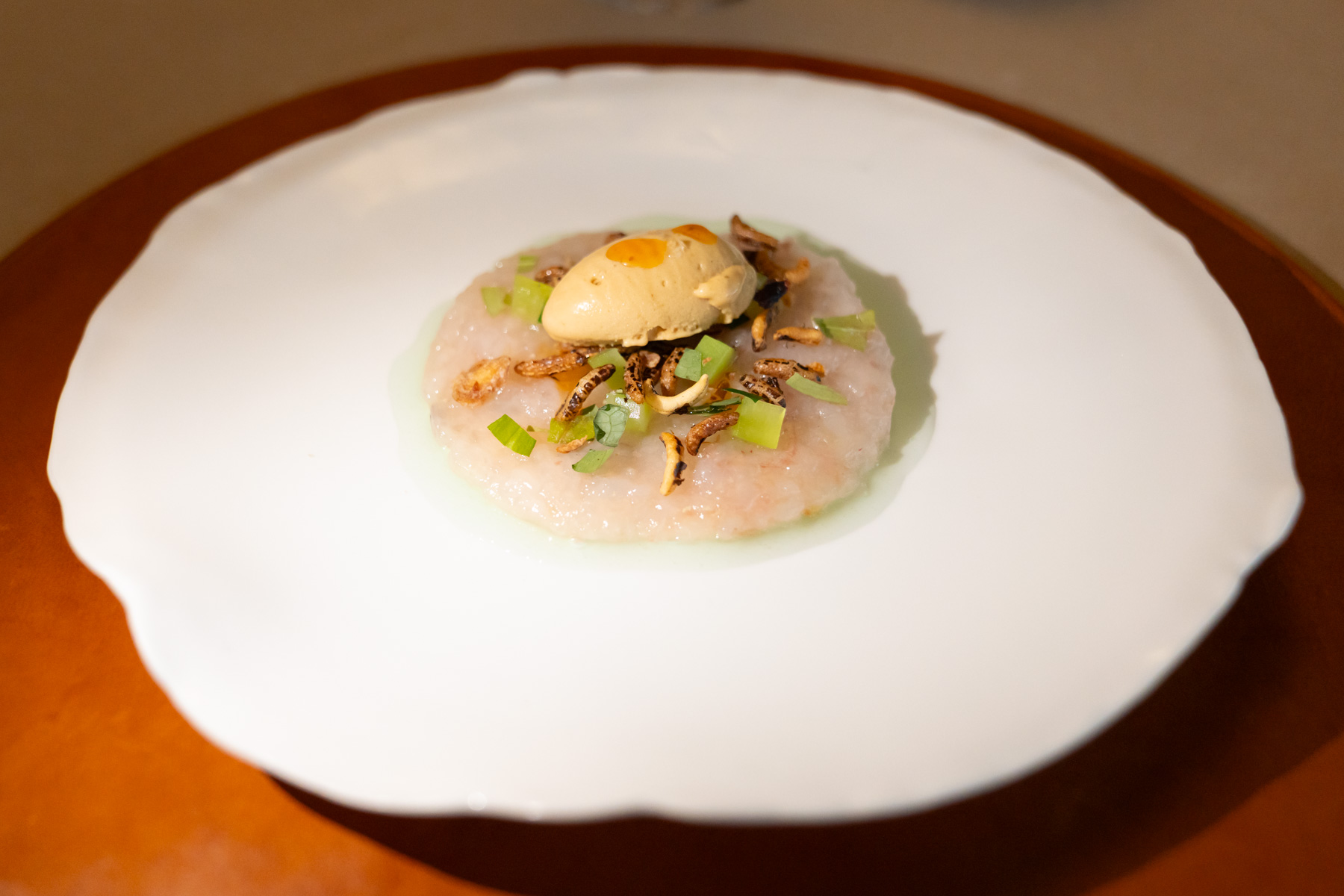 Crayfish tartare, ice-cream, toasted rice, celtuce, thai spices.