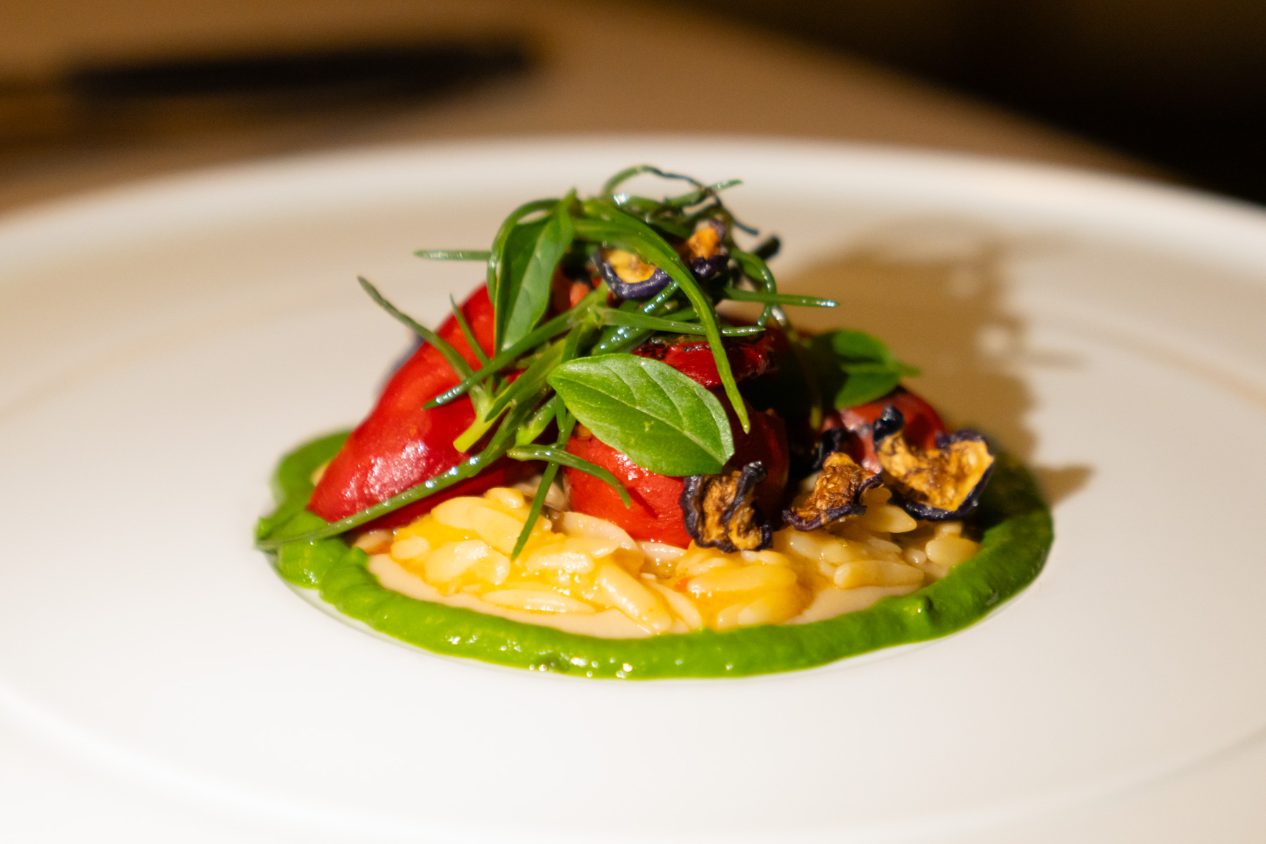 Piedmontese peppers, smoked eggplants, orzo and basil.