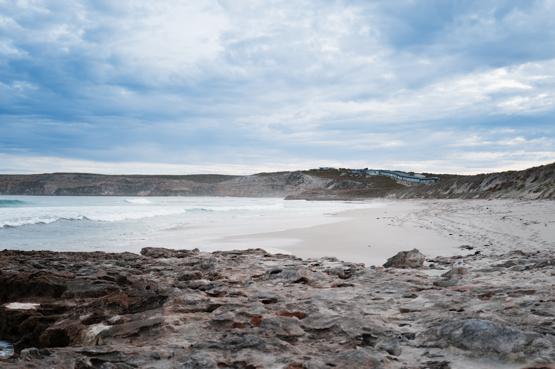 Looking back across Hanson Bay Beach to Southern Ocean Lodge.