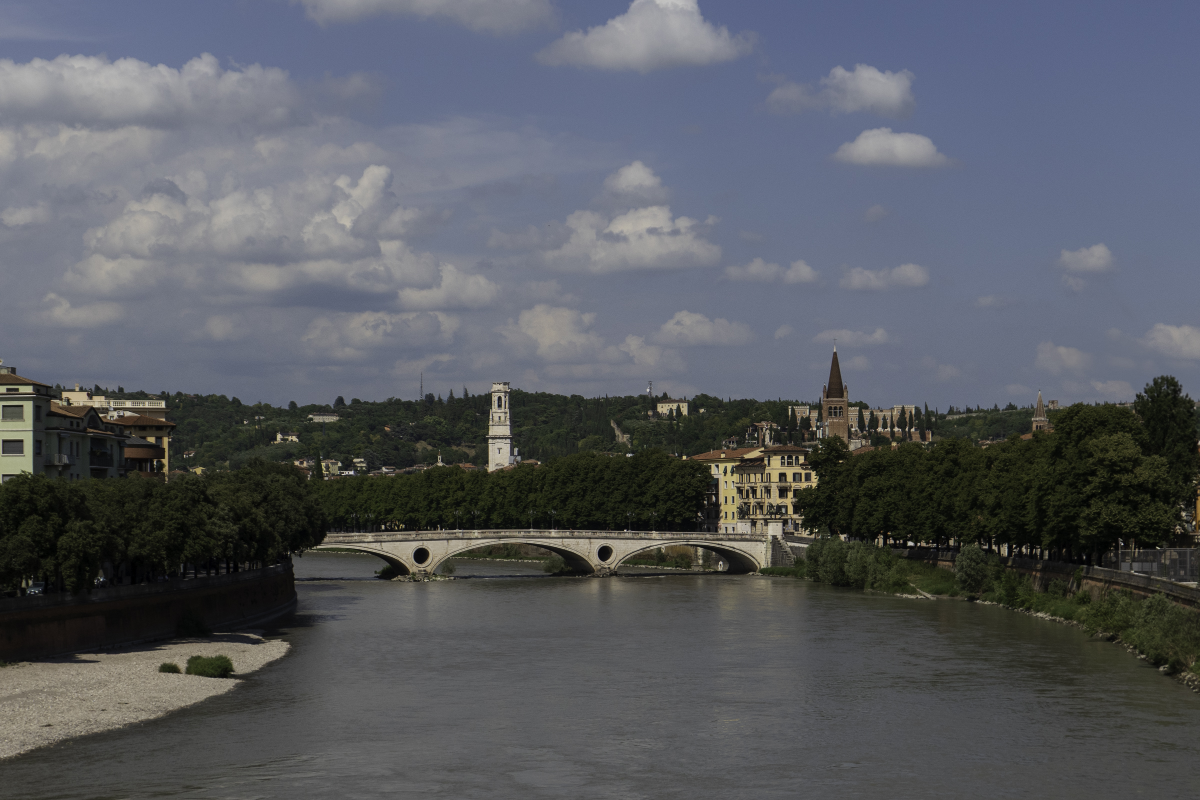 Looking back up the Adige River to the Ponte della Vittoria from Ponte Scaligero.