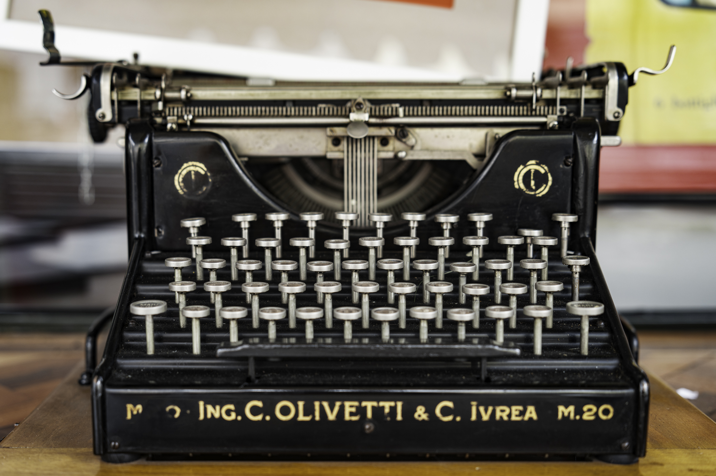 An iconic Olivetti M20 typewriter (one of 87,000 produced between 1920 and 1931) in a local shop window.