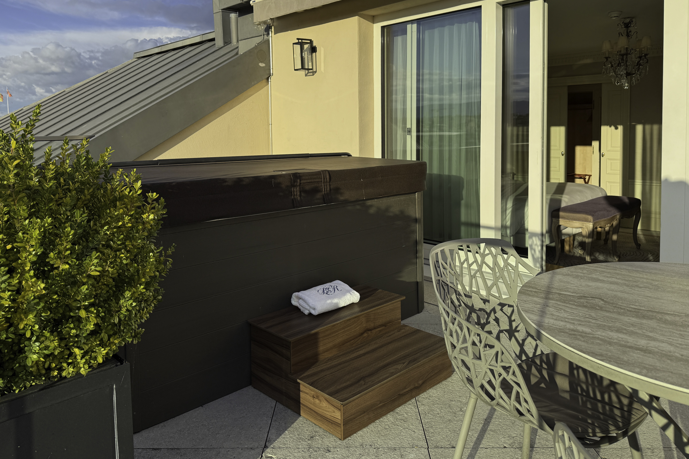 The jacuzzi on the terrace of our room at the Beau-Rivage Hotel.