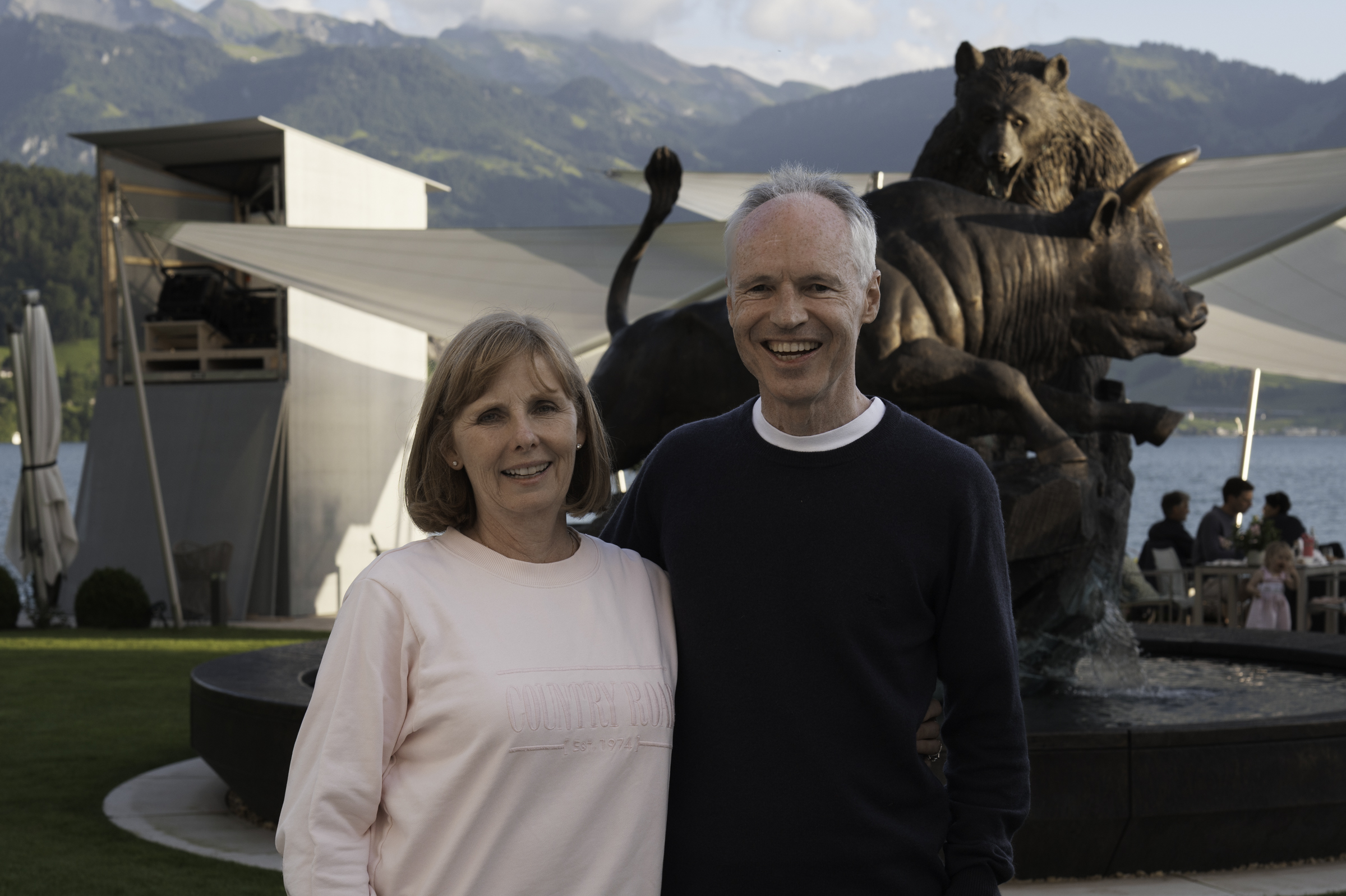 Andrea and Keith, in front of the Bull and Bear statue at the Park Hotel.