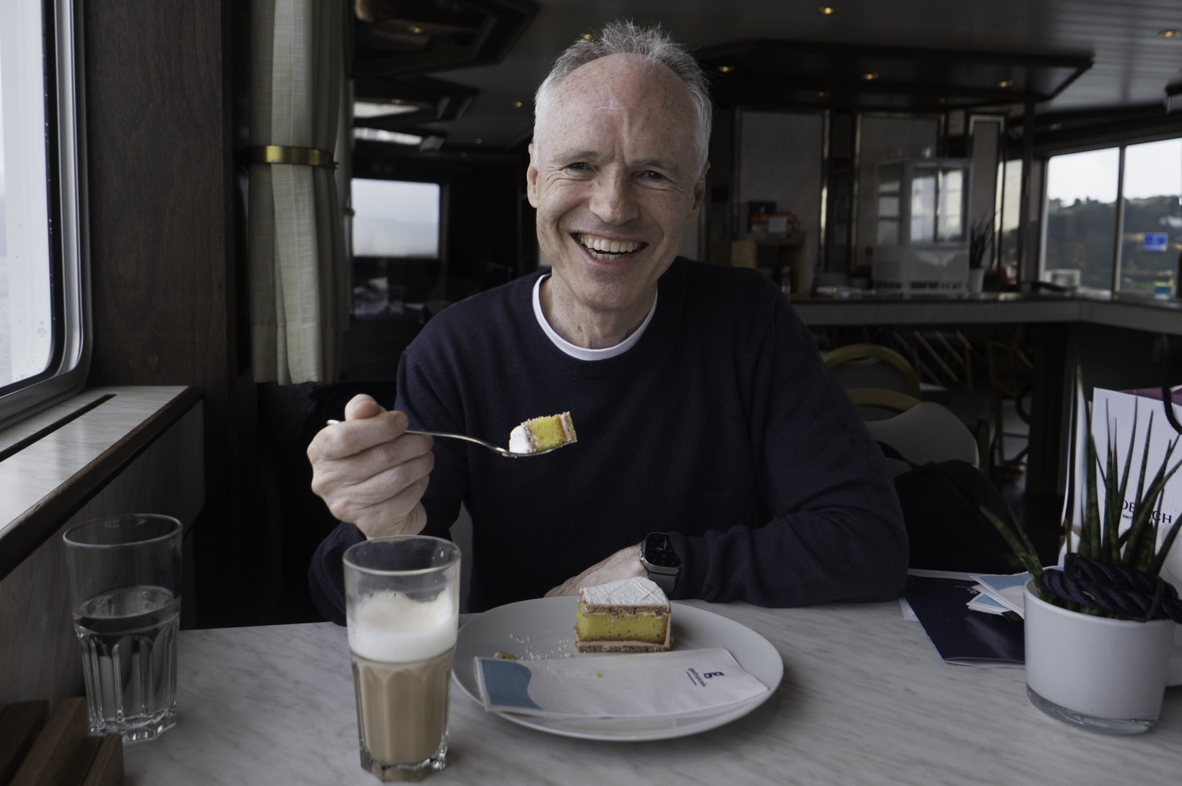 Keith, enjoying a snack on the ferry.