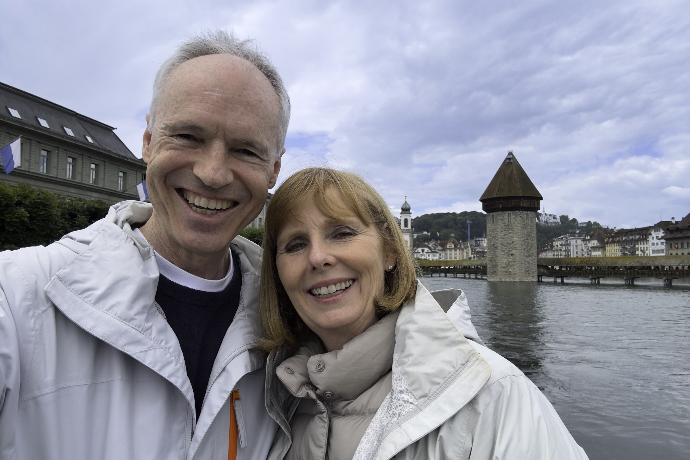 Keith and Andrea, with the Chapel Bridge in the background.