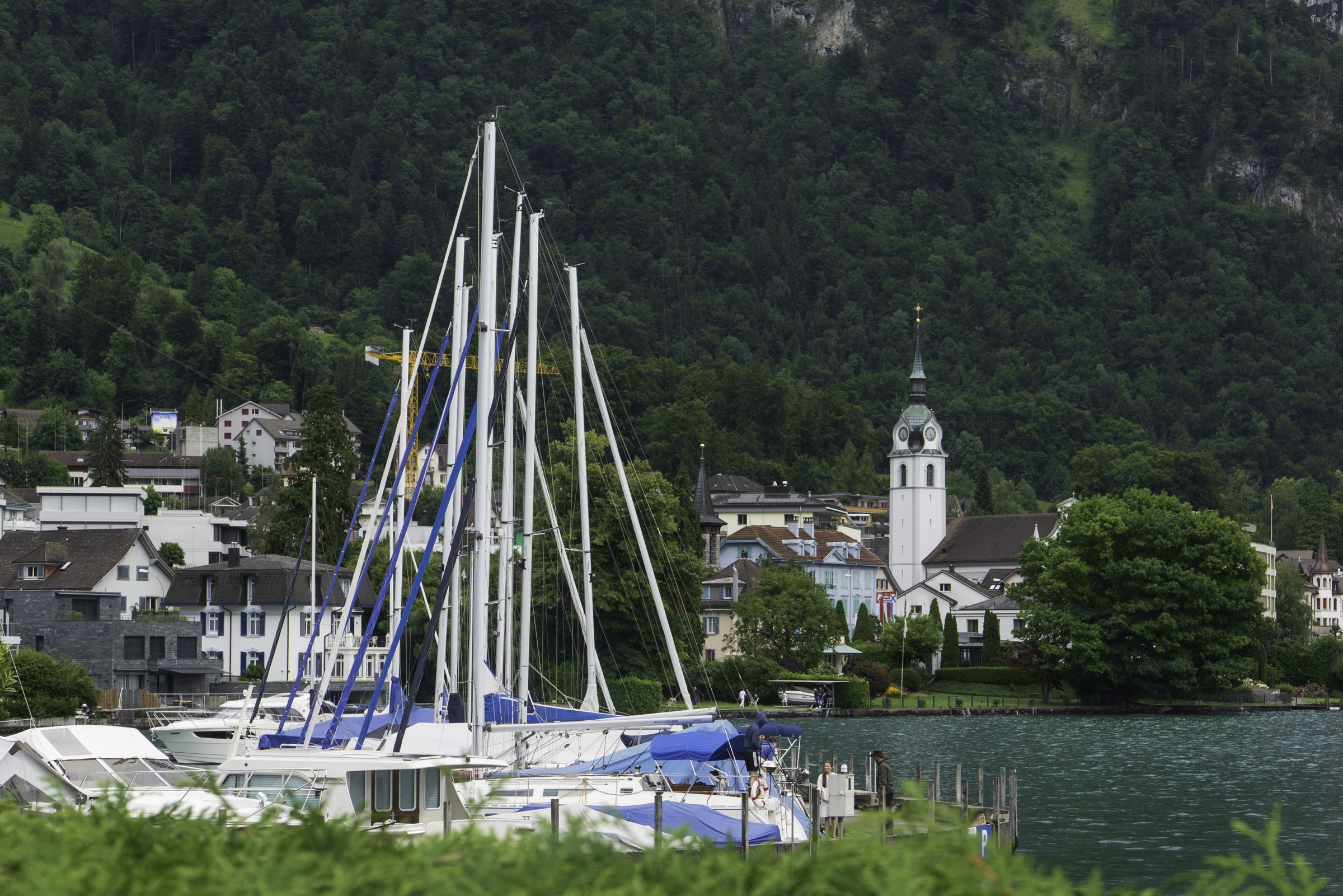 Looking across the Vitznau marina to St. Jerome's Church.