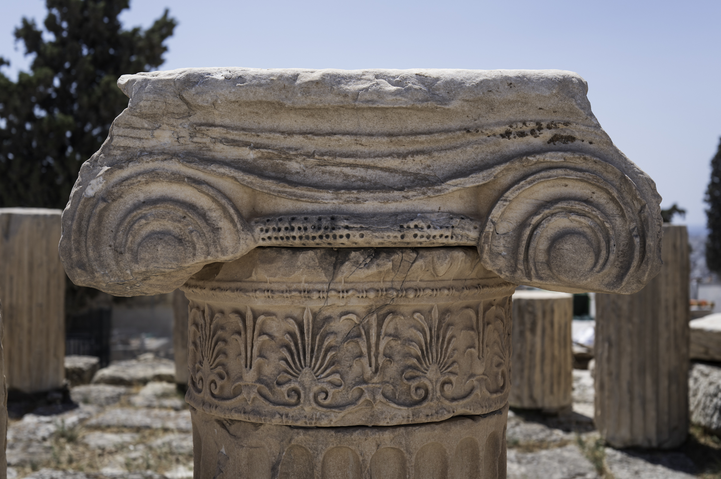 The top of a Greek Ionic column.