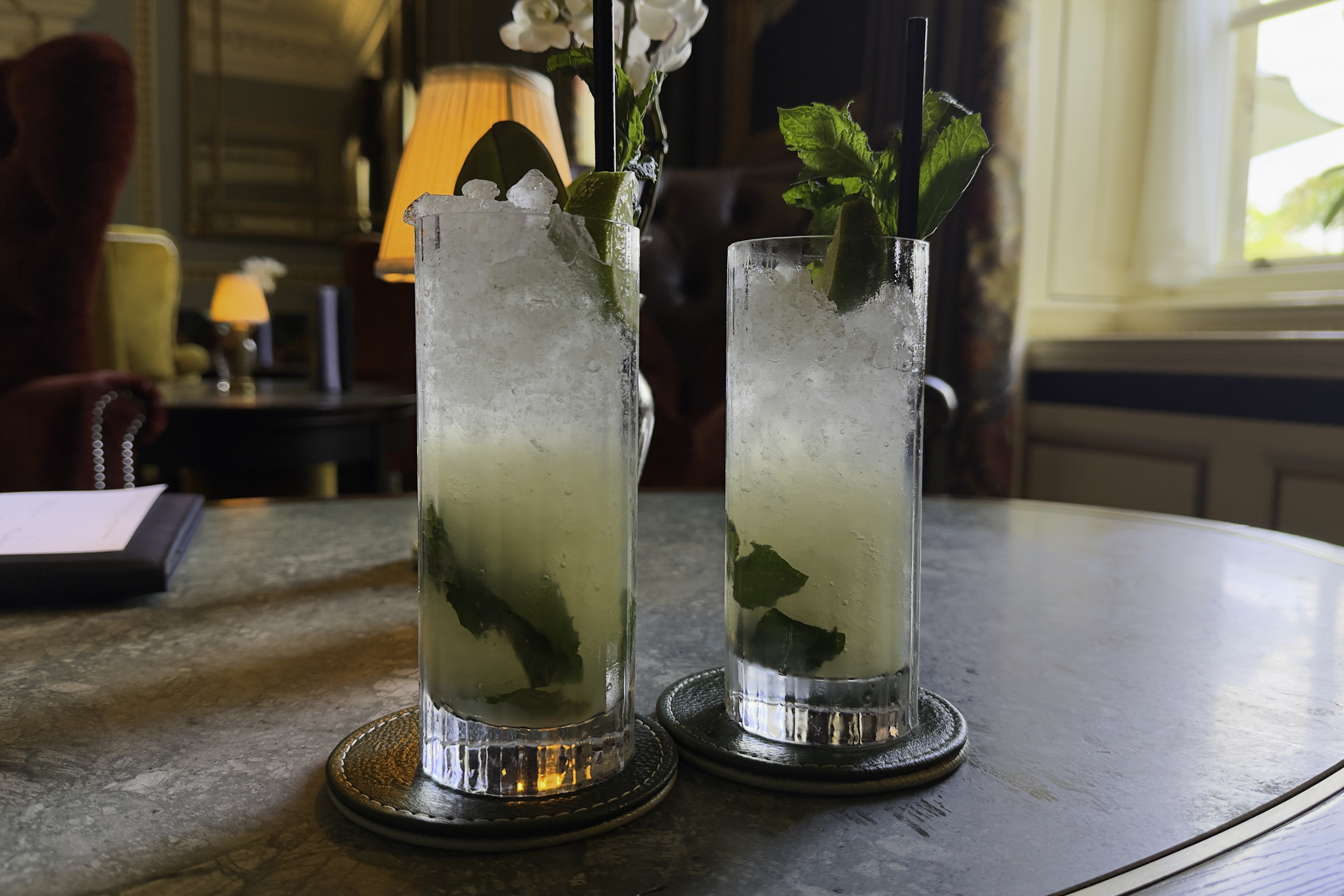 A drink on arrival at Grantley Hall.