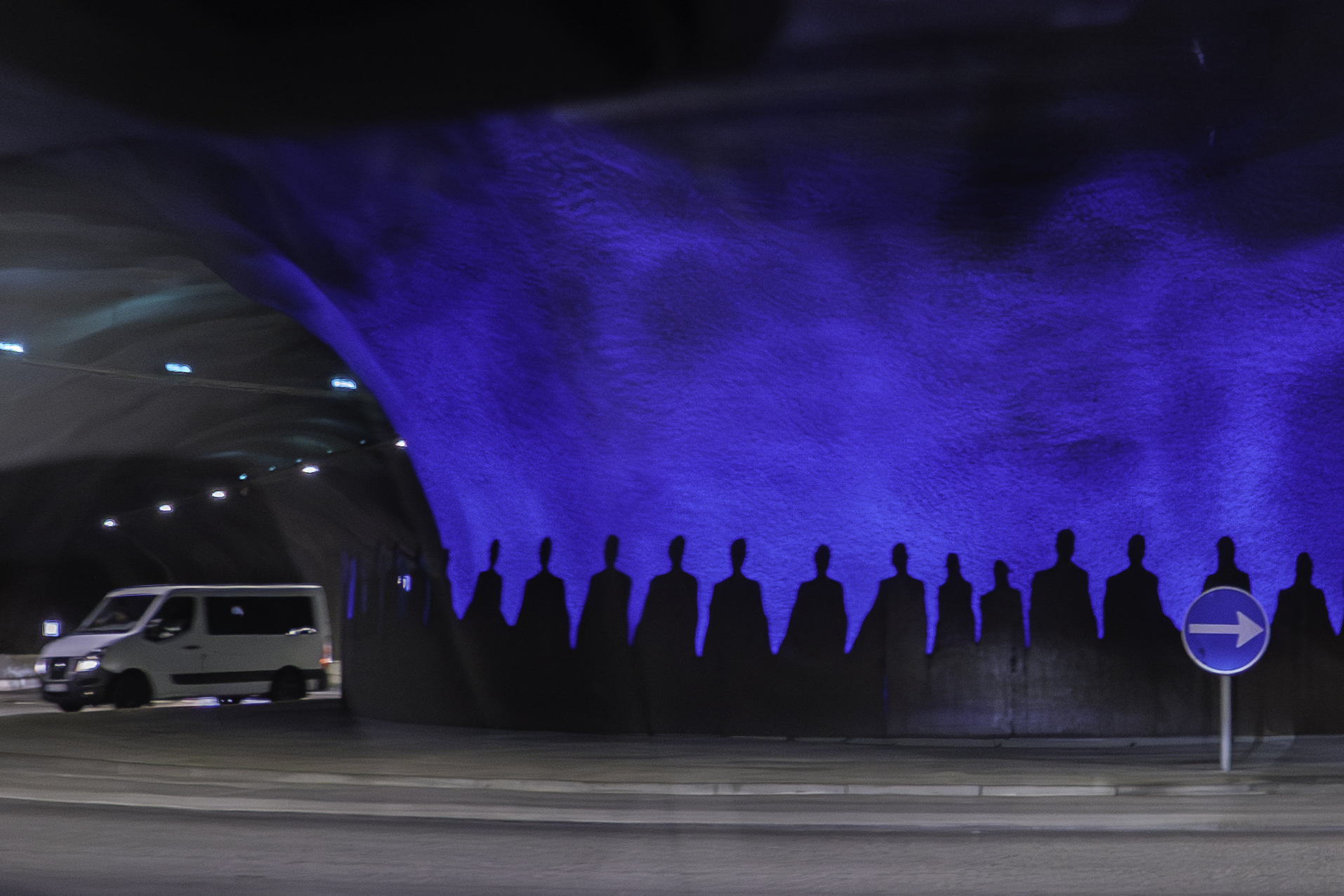 At the roundabout inside the Eysturoyartunnilin (Eysturoy Tunnel).