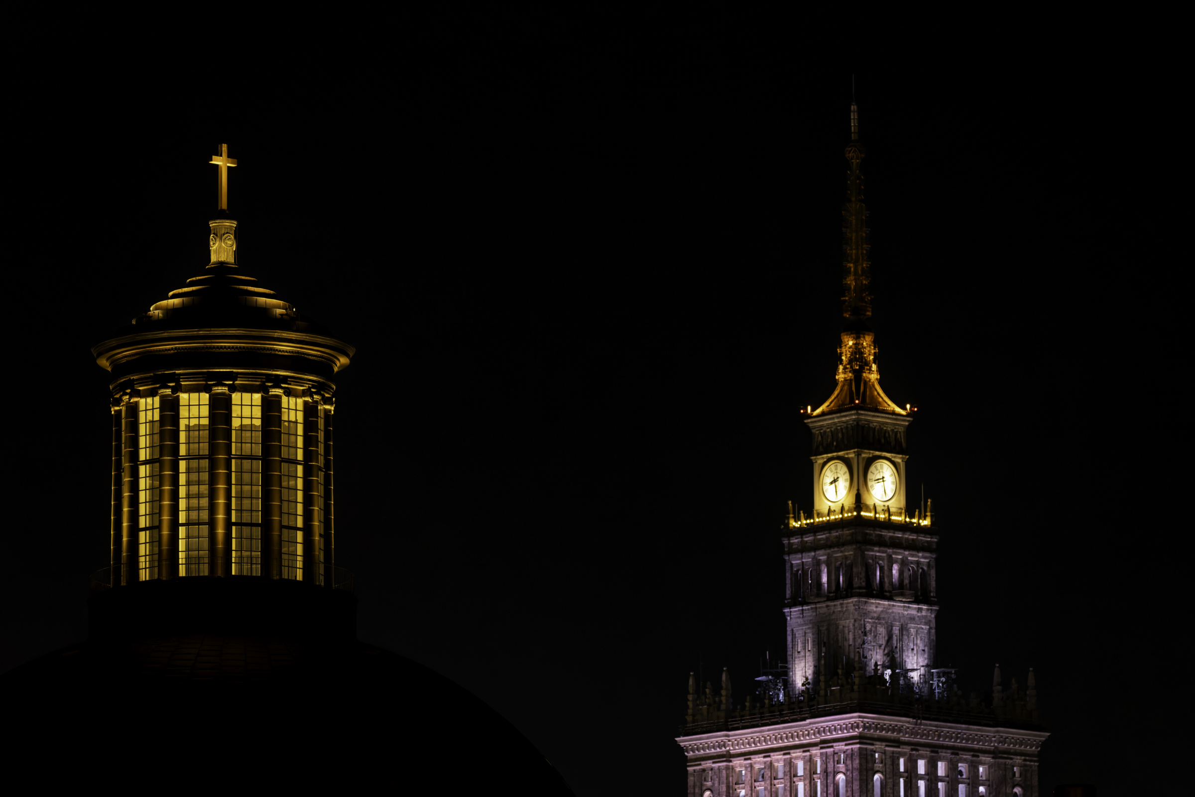 Dome of St. Alexander’s Church (left), and spire of the Palace of Culture and Science.