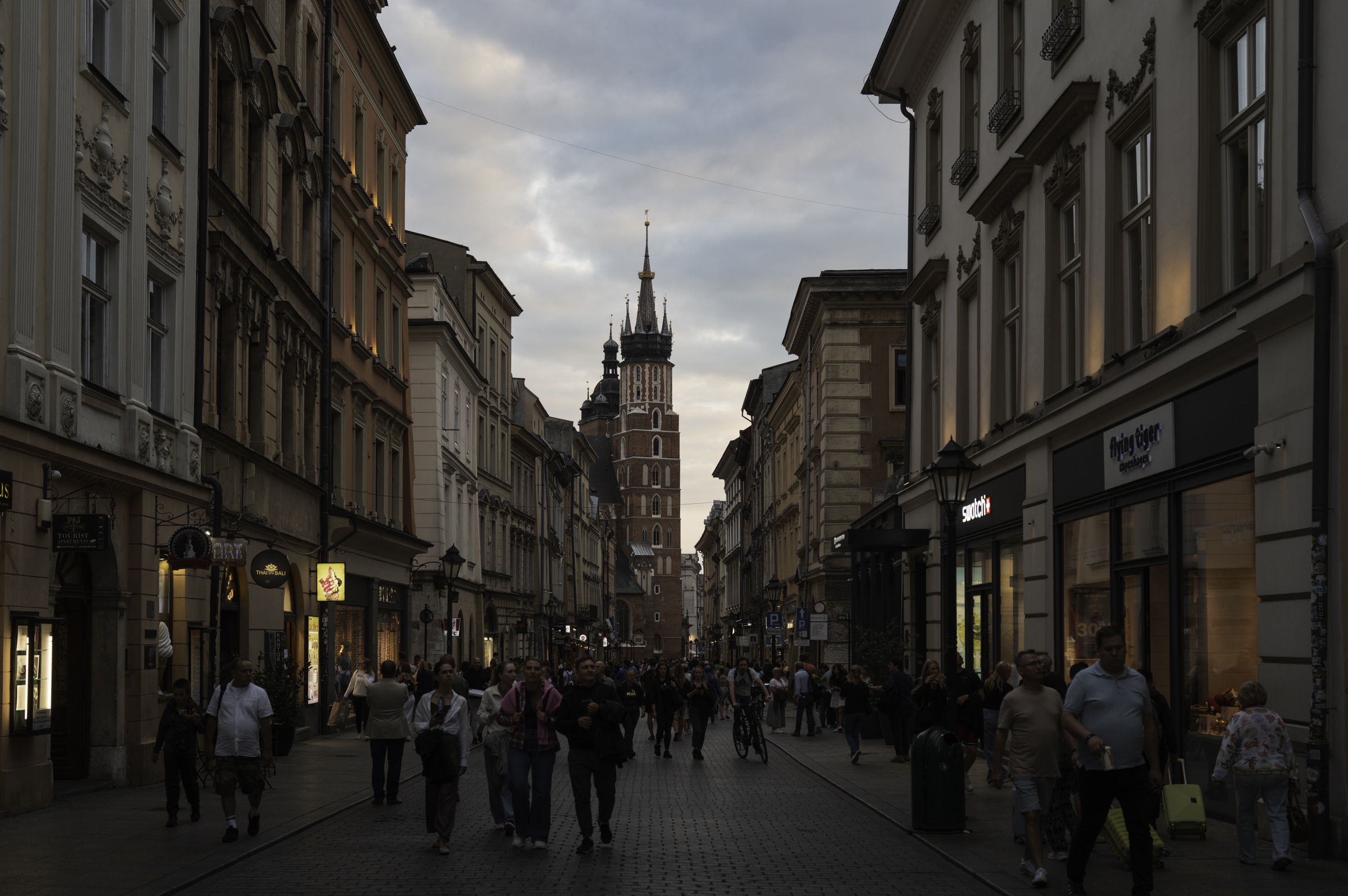 Looking south on Floriańska Street, towards Kraków’s main square.