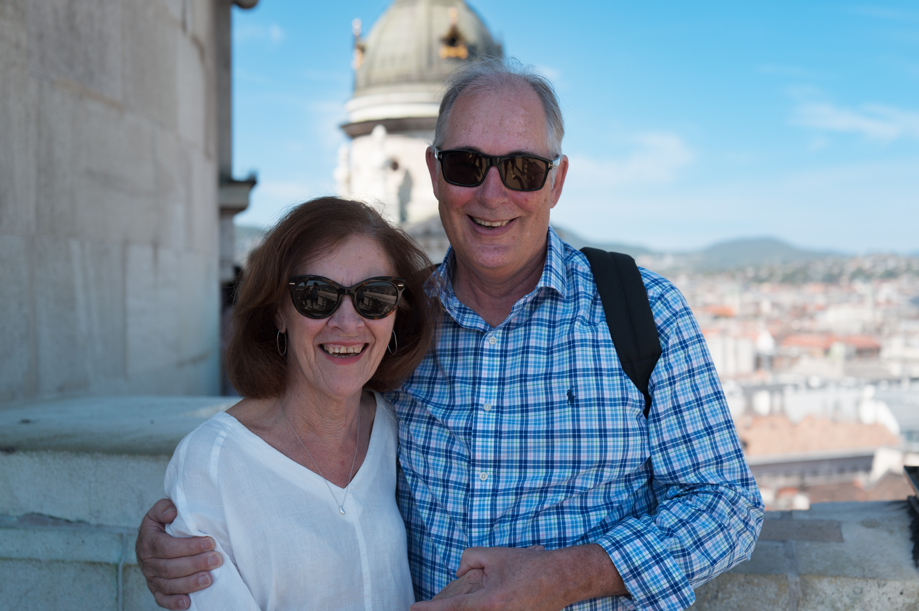 Joy and Peter, at the top of the tower of St. Stephen's Basilica in Budapest.