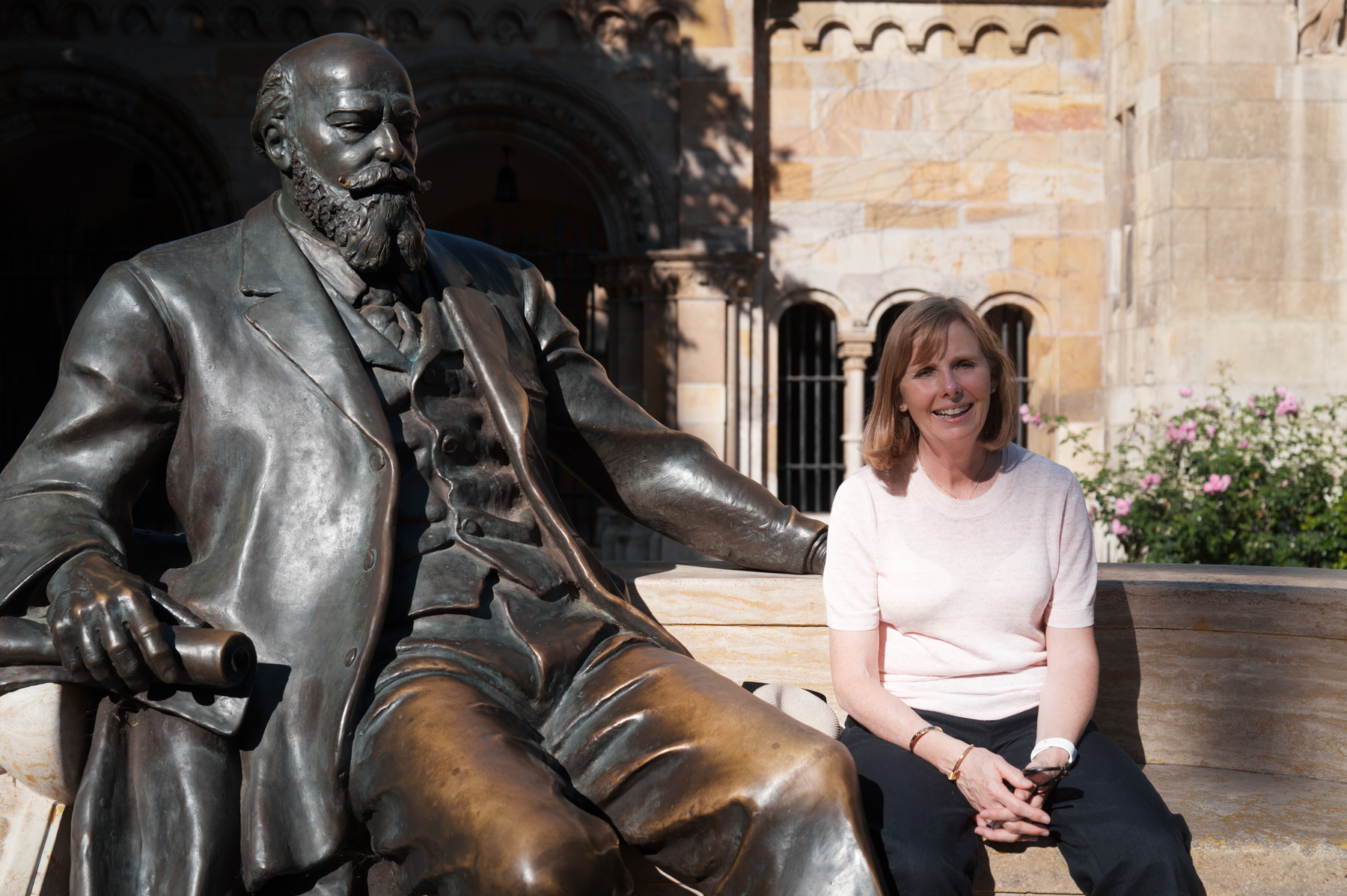 Andrea, at the statue of Count Sándor Károlyi in City Park in Budapest.