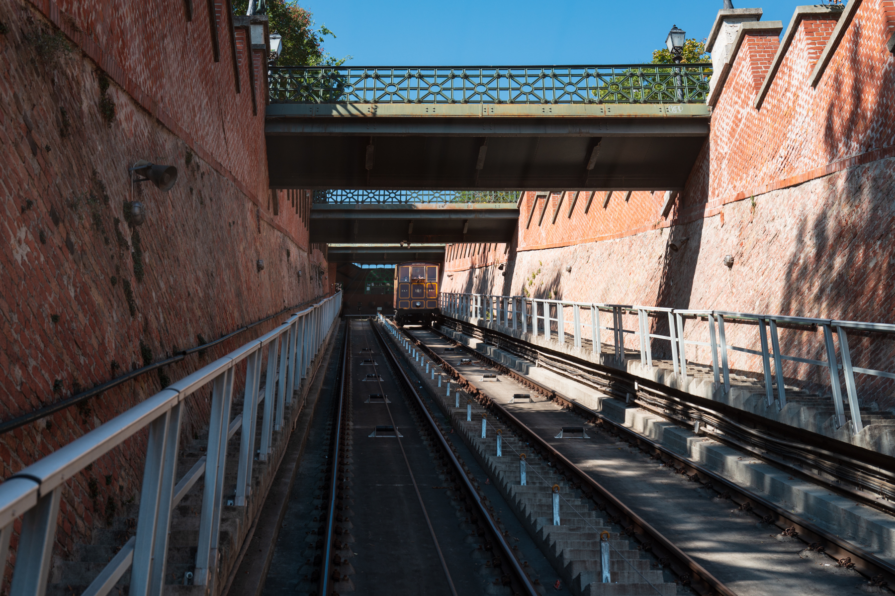The view riding up the very steep funicular in Budapest.