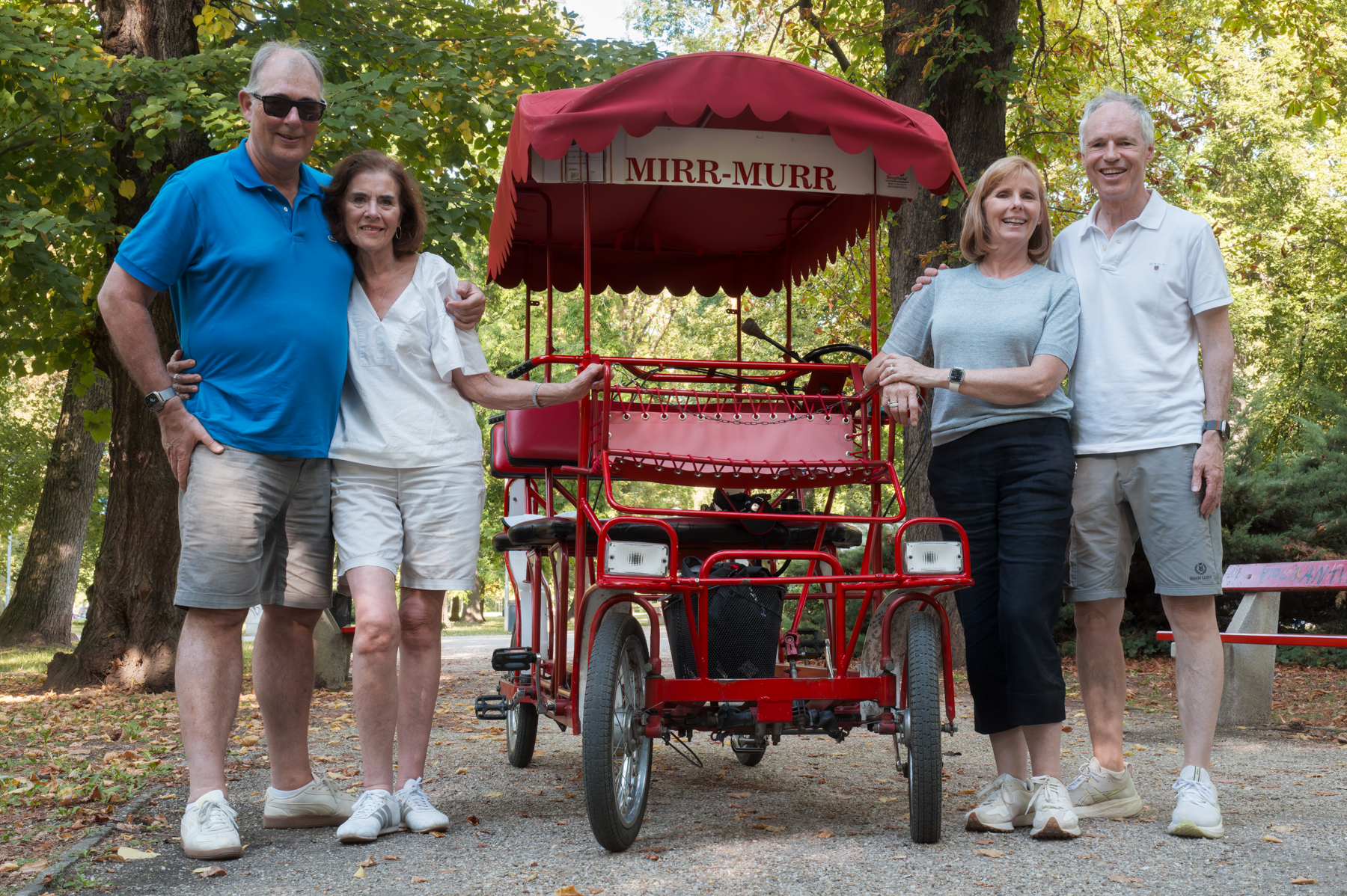 Peter and Joy, and Keith and Andrea, with the peddle car on Margaret Island in Budapest.