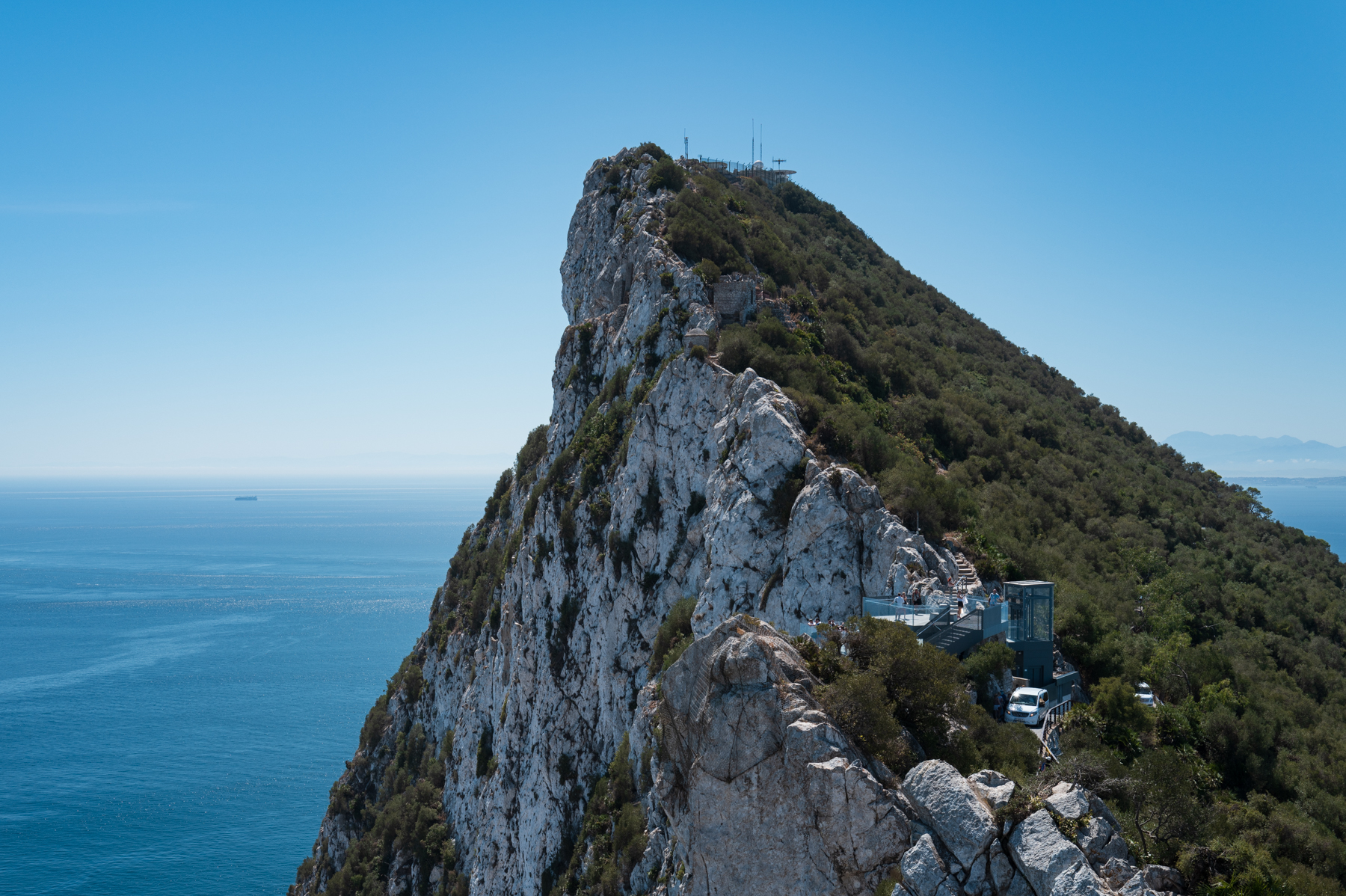 The summit of the Rock of Gibraltar, with the Gibraltar Skywalk in the foreground.