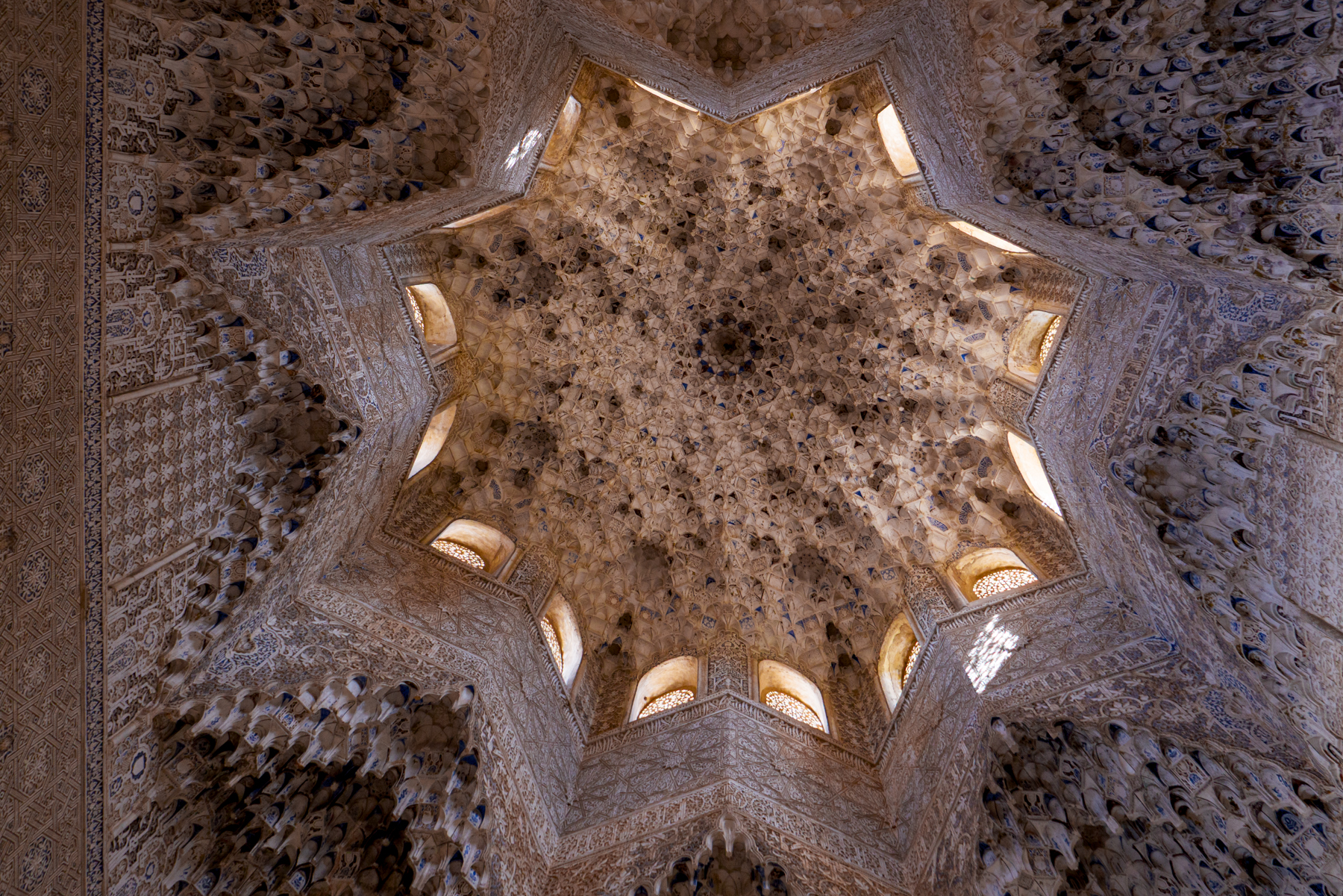 Ceiling detail in the dome in the Hall of the Two Sisters at the Nasrid Palaces in Granada.
