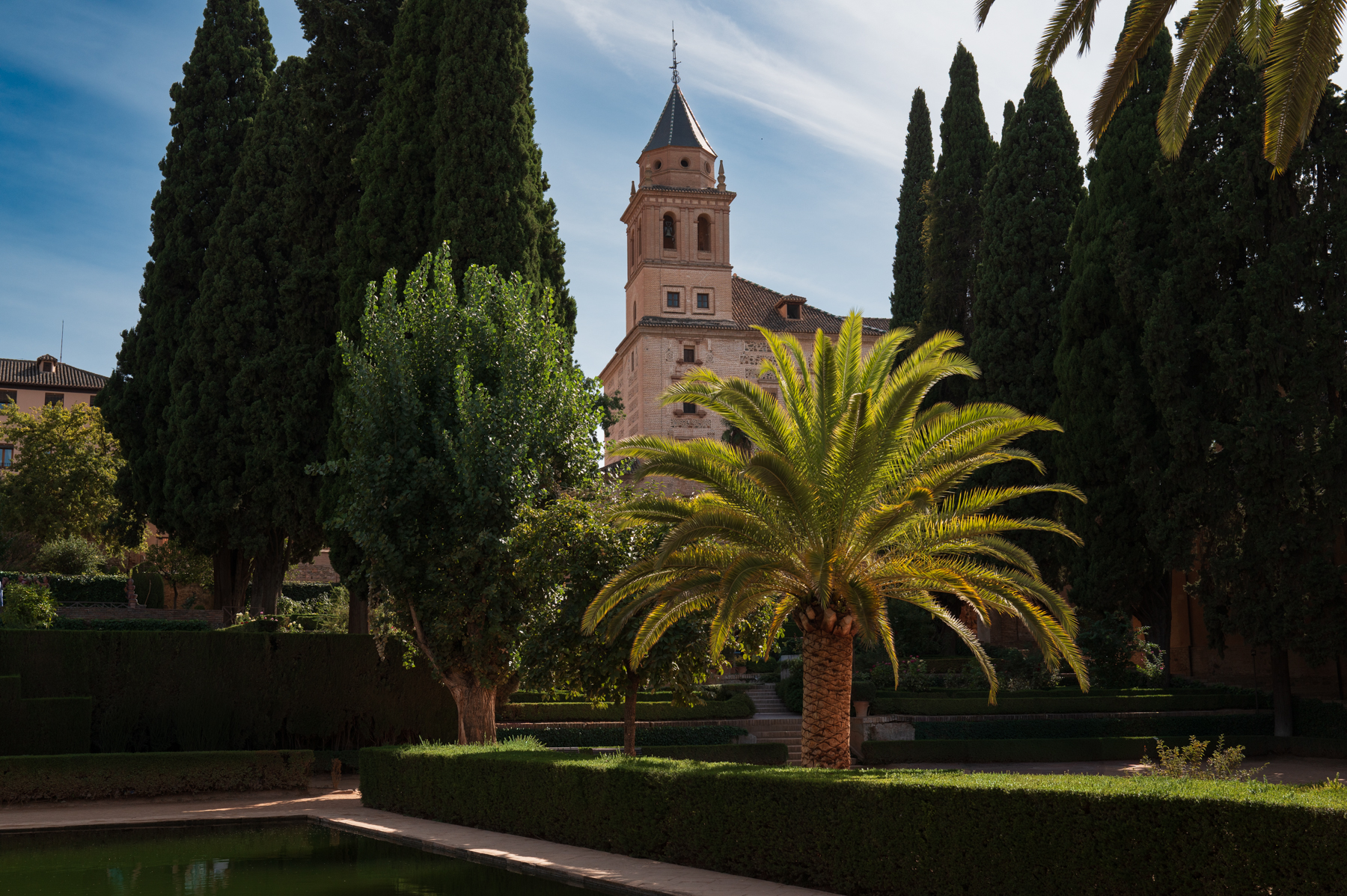 The bell tower on the Church of Santa María de la Alhambra in Granada.