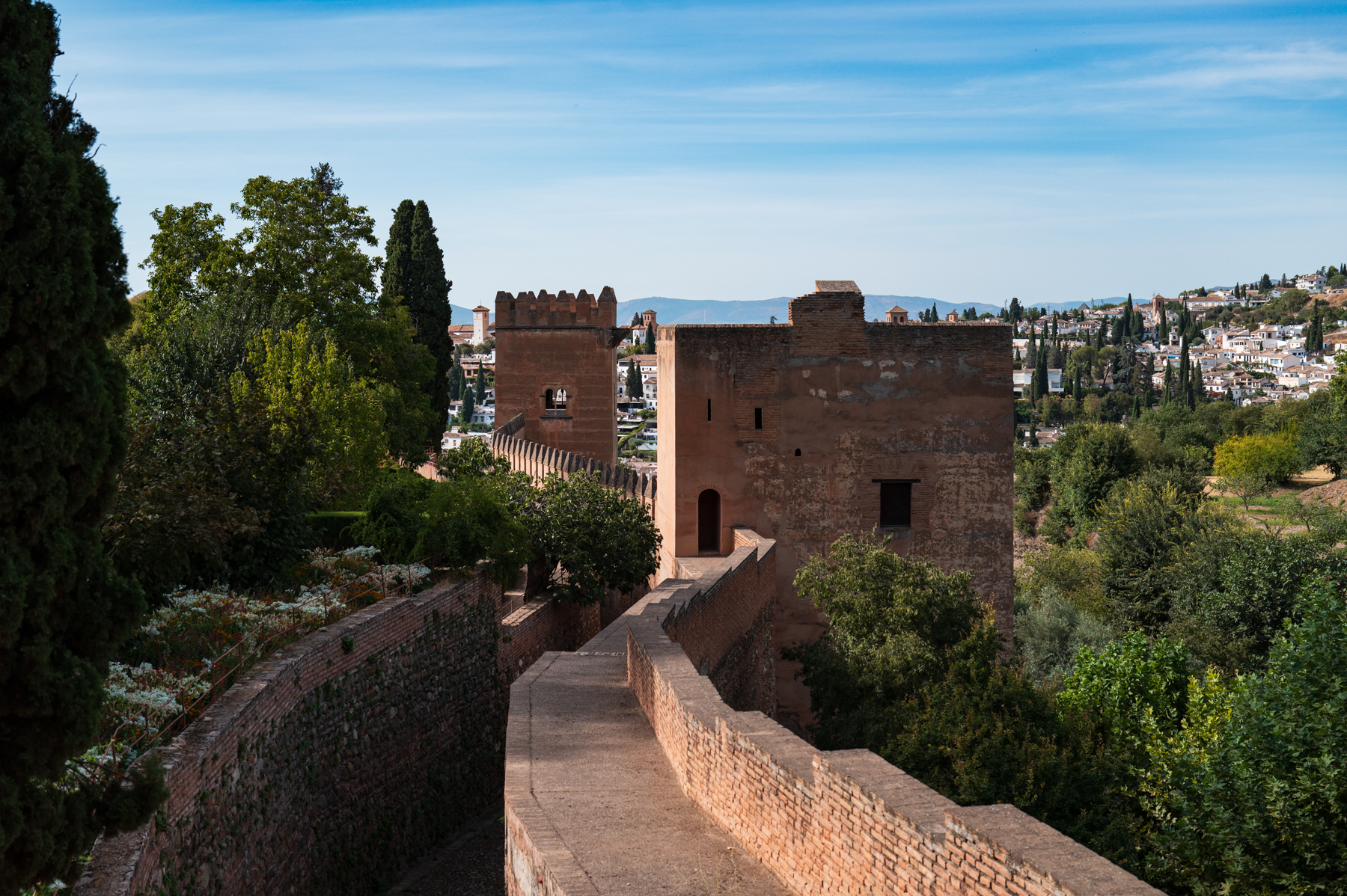 Outer walls and ramparts of the fortress of the Alhambra in Granada.