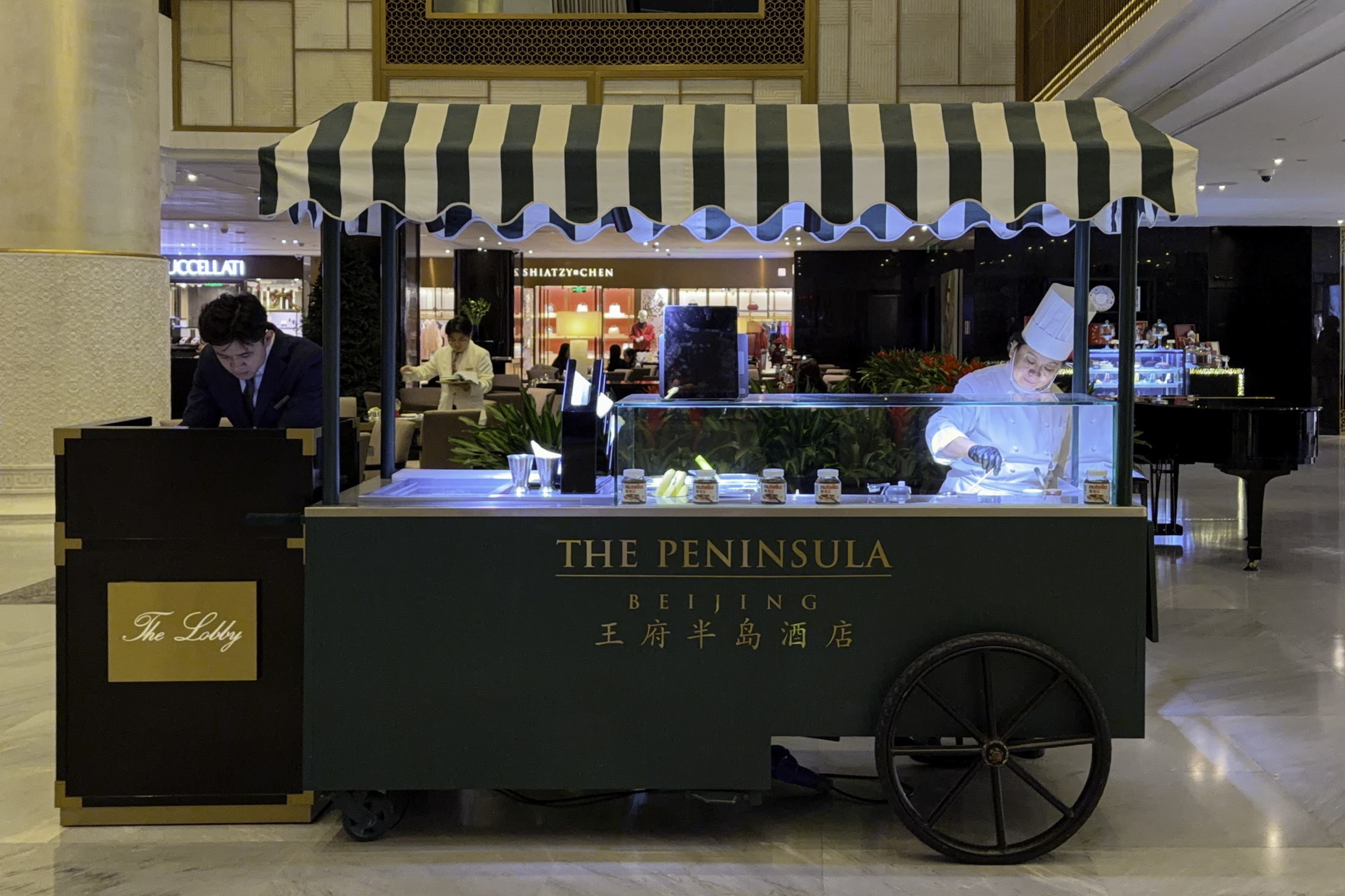 Crêpes being made in The Peninsula lobby, Beijing.